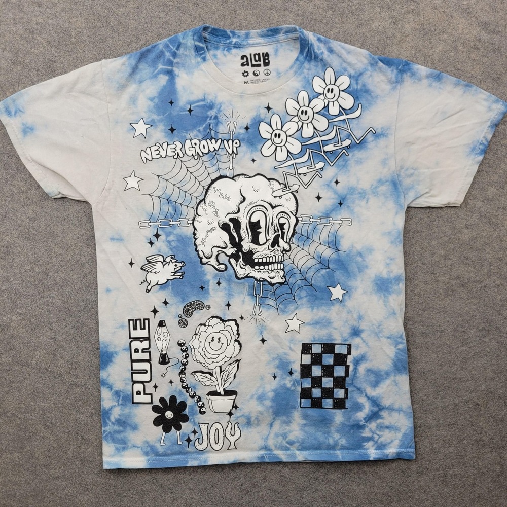 A-Lab Shirt Mens Medium Blue Tie Dye Skull‎ Psychedelic Graphic Tee Tagless